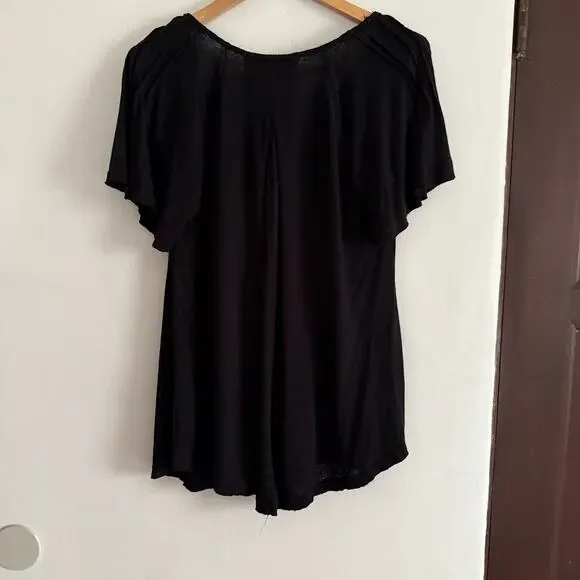 FREE PEOPLE | Black Linen Blend Swing T-shirt V Neck Pintuck Shoulders | Small - Picture 4 of 8